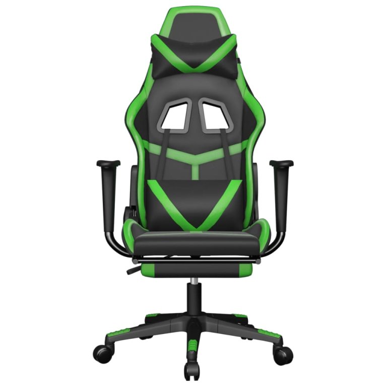 Scaun gaming de masaj/suport picioare, negru/verde, piele eco