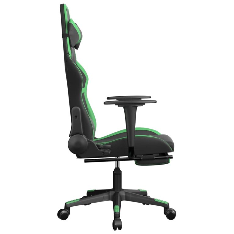 Scaun gaming de masaj/suport picioare, negru/verde, piele eco