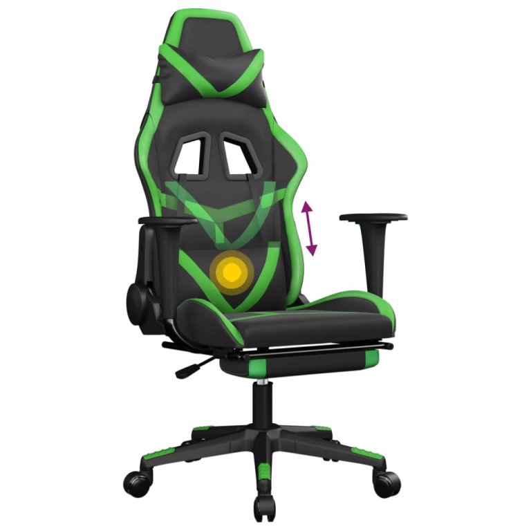 Scaun gaming de masaj/suport picioare, negru/verde, piele eco