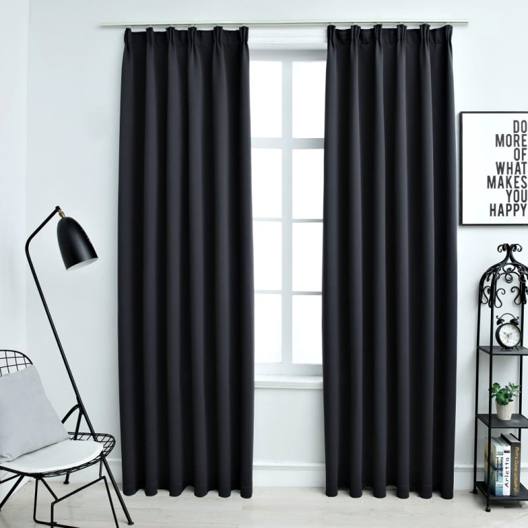 Draperii opace cu cârlige, 2 buc., negru, 140 x 225 cm