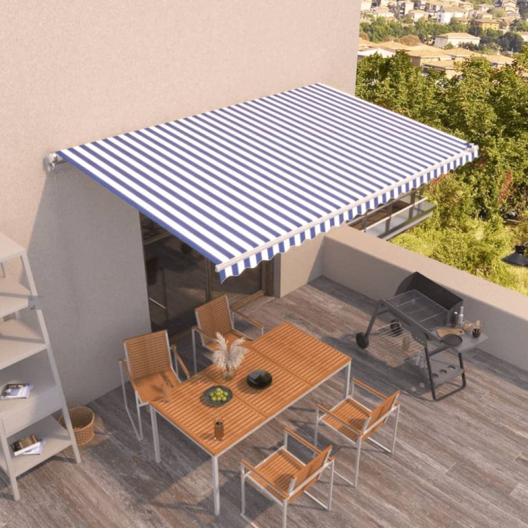 Copertină retractabilă manual, albastru și alb, 500x350 cm