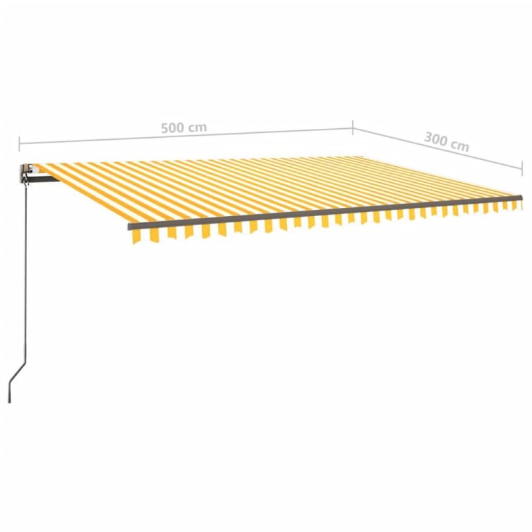 Copertină retractabilă manual, cu stâlpi, galben & alb, 5x3 m