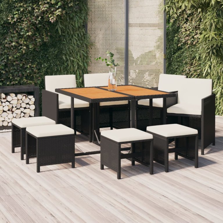 Set mobilier de grădină cu perne, 9 piese, negru, poliratan