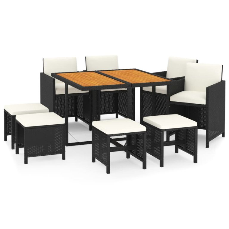 Set mobilier de grădină cu perne, 9 piese, negru, poliratan