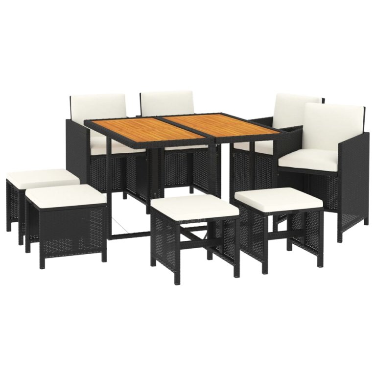 Set mobilier de grădină cu perne, 9 piese, negru, poliratan