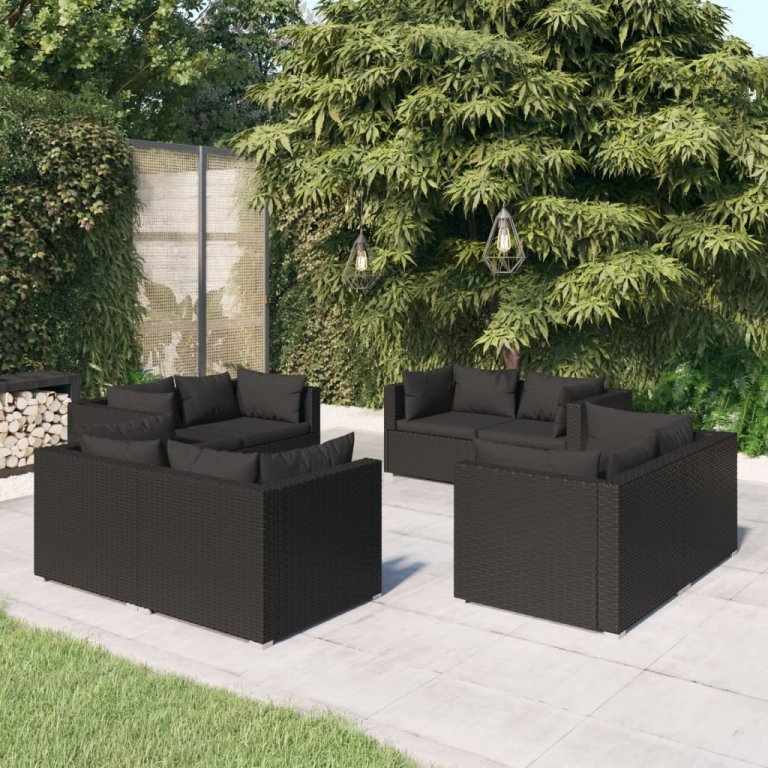 Set mobilier de grădină cu perne, 8 piese, negru, poliratan