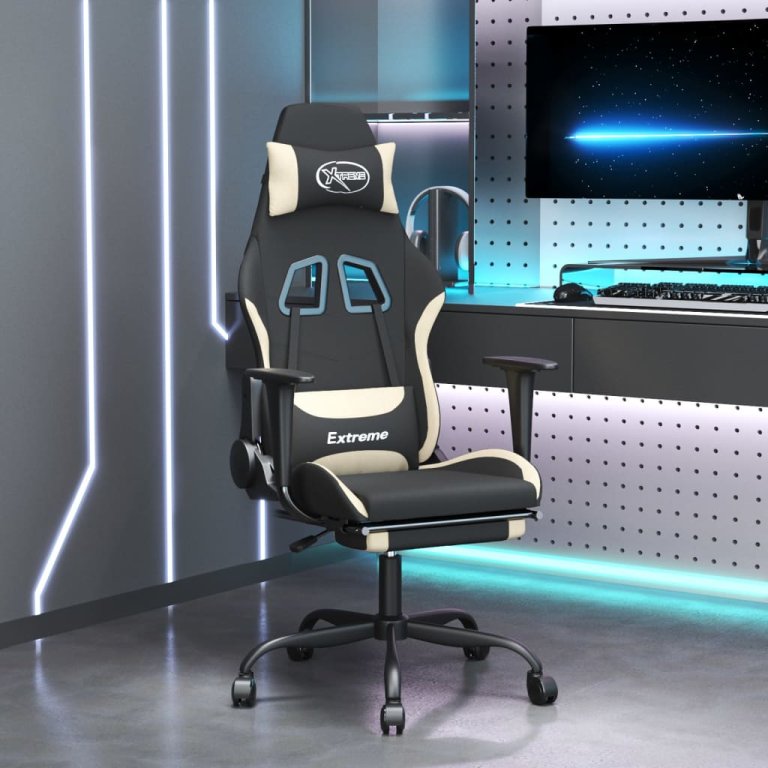 Scaun de gaming cu masaj/suport picioare, negru și crem, textil