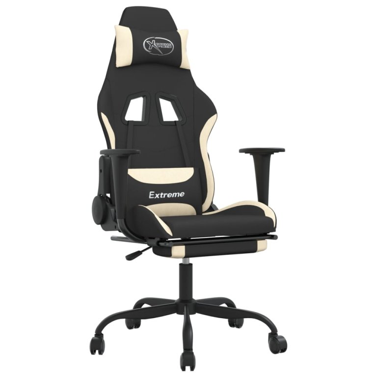 Scaun de gaming cu masaj/suport picioare, negru și crem, textil