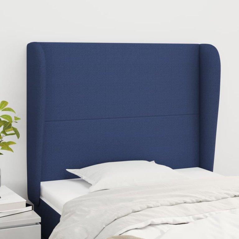 Tăblie de pat cu aripioare, albastru, 83x23x118/128 cm, textil