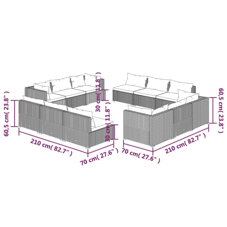 Set mobilier de grădină cu perne, 12 piese, maro, poliratan