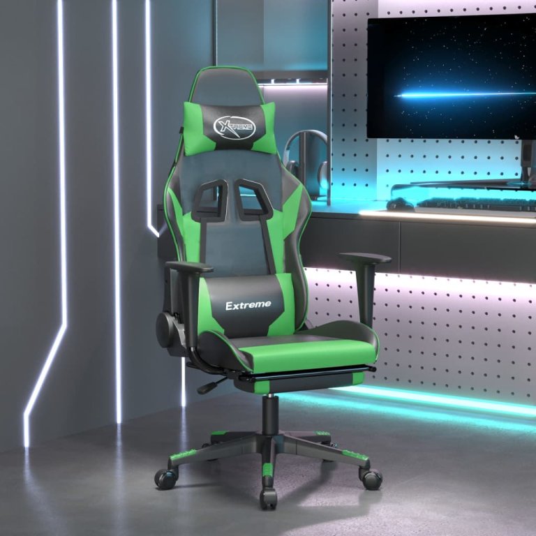 Scaun de gaming cu suport picioare negru/verde, piele ecologică