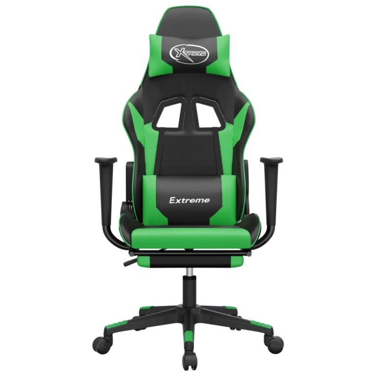 Scaun de gaming cu suport picioare negru/verde, piele ecologică