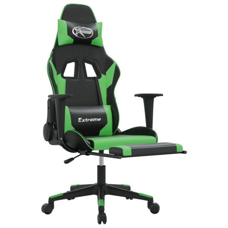 Scaun de gaming cu suport picioare negru/verde, piele ecologică