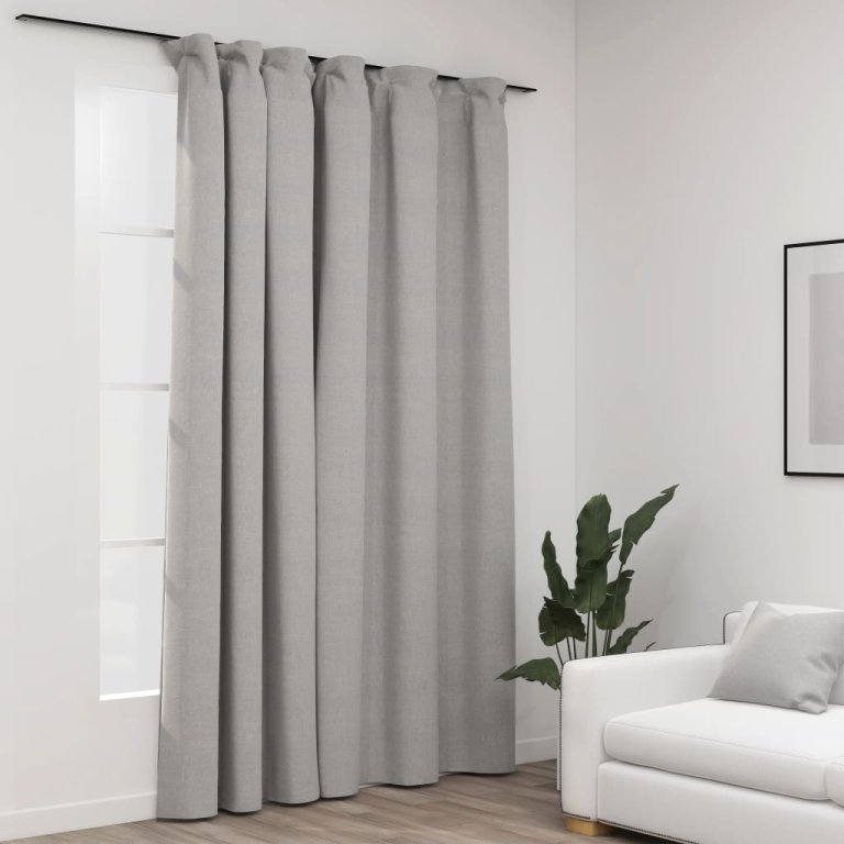 Draperie opacă, aspect de in, gri, 290 x 245 cm, cu cârlige