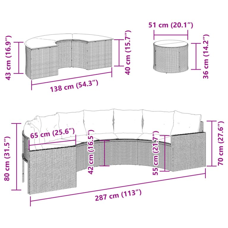 Set canapea de grădină, 3 piese, semi-rotunde, gri, poliratan