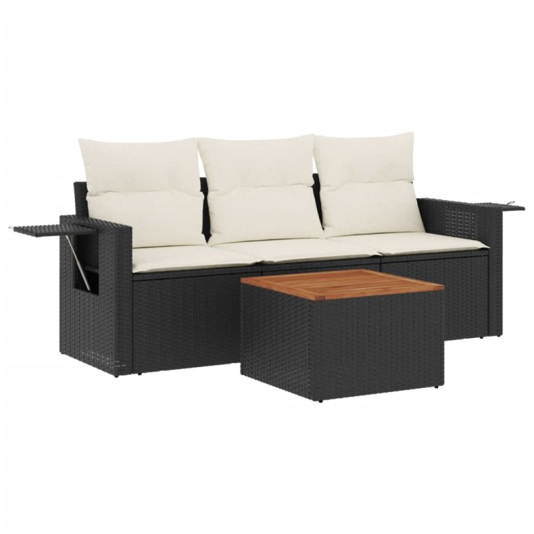 Set mobilier de grădină cu perne, 4 piese, negru, poliratan