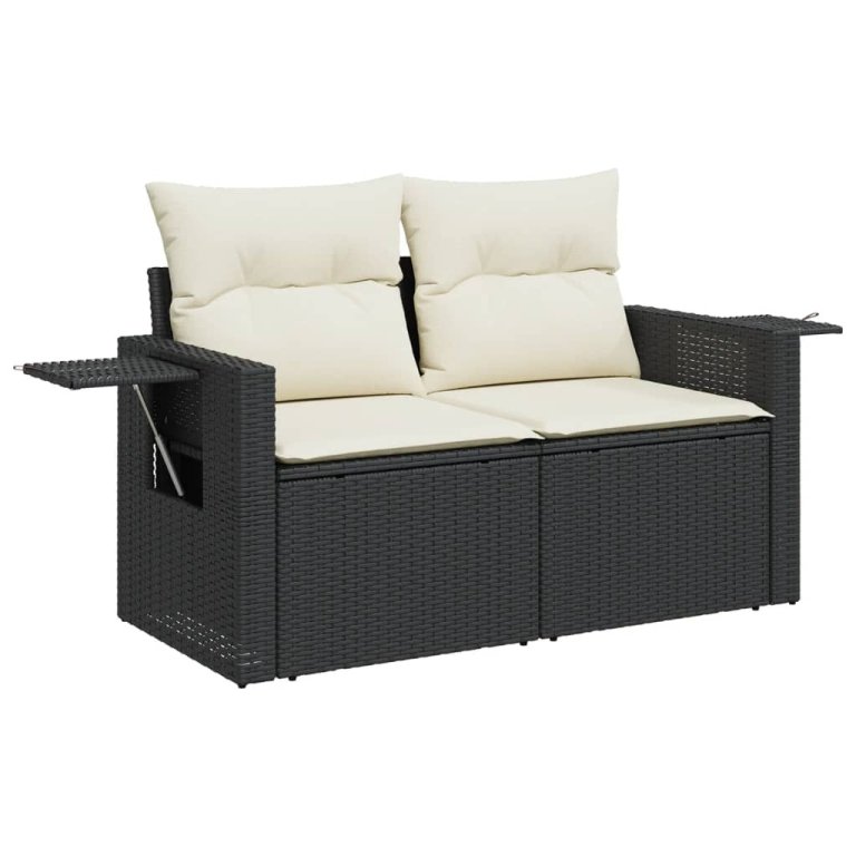 Set mobilier de grădină cu perne, 4 piese, negru, poliratan