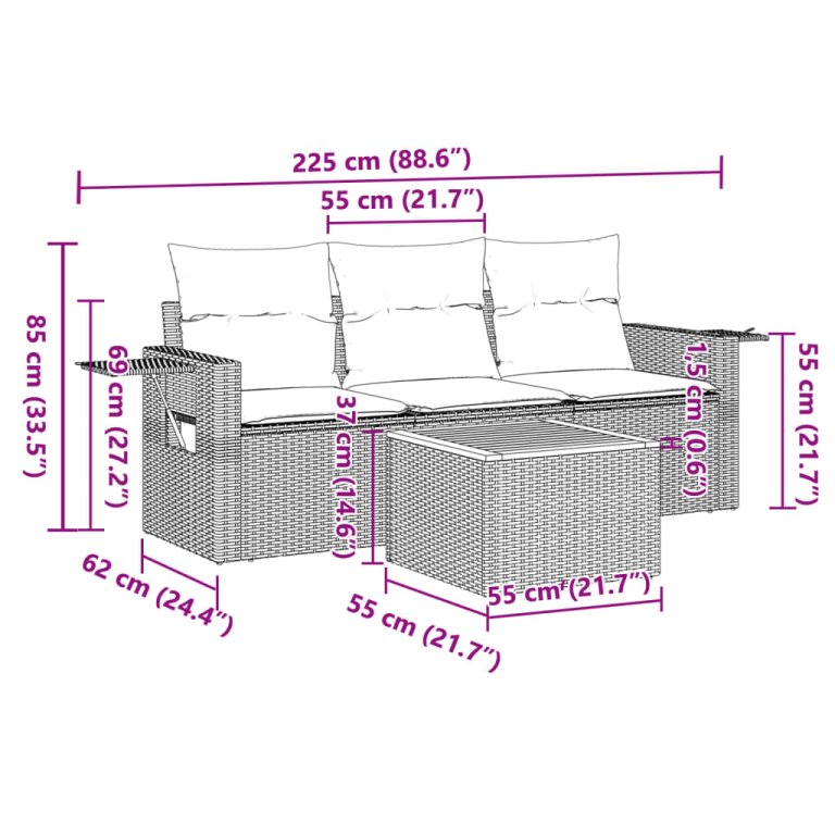 Set mobilier de grădină cu perne, 4 piese, negru, poliratan