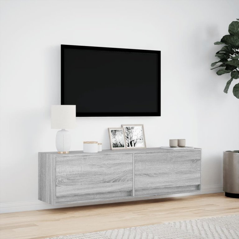 Comodă TV de perete cu lumini LED, gri sonoma, 140x31x38 cm