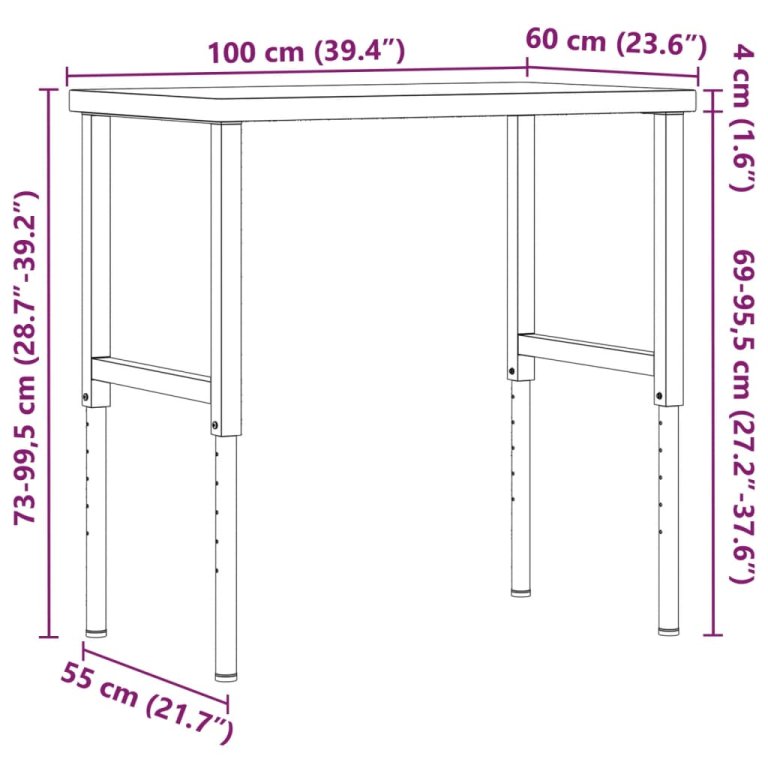 Banc lucru 100x60x(73-99,5) cm lemn masiv acacia dreptunghiular