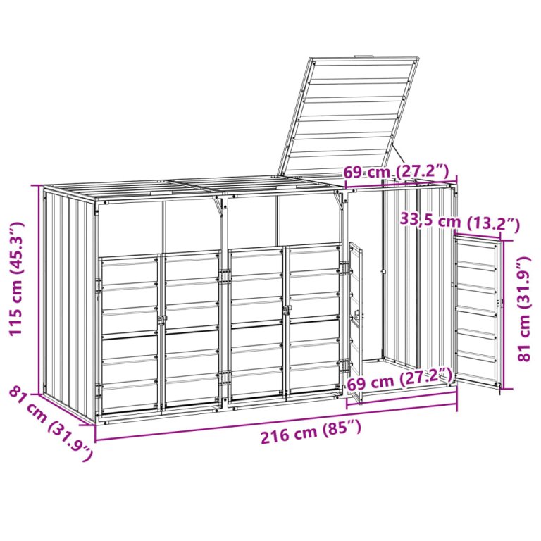 Depozit pubele cu roți triple, antracit, 216x81x115 cm, oțel