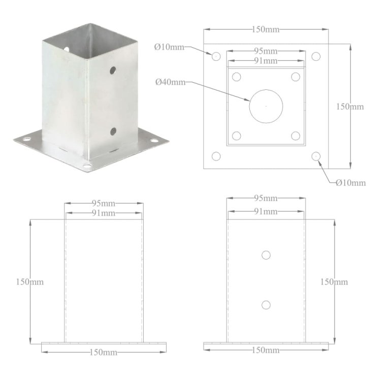 Suporți stâlp, 4 buc., metal galvanizat, 91 mm