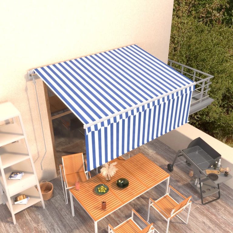 Copertină retractabilă automat cu stor, albastru&alb, 3,5x2,5 m