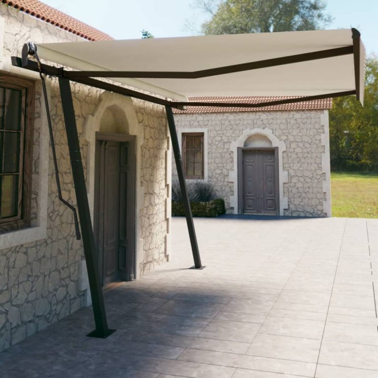 Copertină retractabilă manual, cu stâlpi, crem, 4,5x3 m