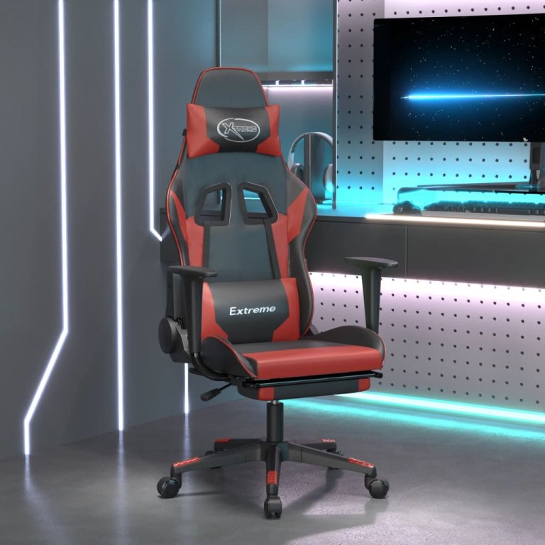 Scaun de gaming masaj/suport picioare negru/roșu vin piele eco