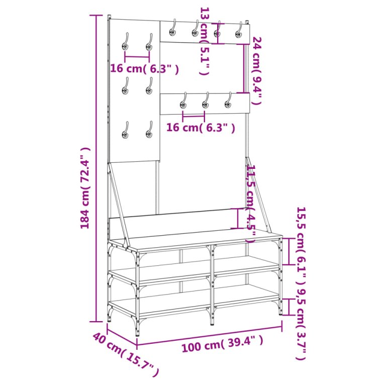 Suport de haine cu raft de pantofi stejar fumuriu, 100x40x184cm