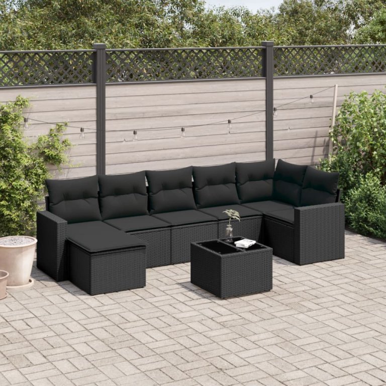 Set mobilier de grădină cu perne, 8 piese, negru, poliratan