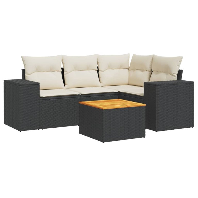 Set mobilier de grădină cu perne, 5 piese, negru, poliratan