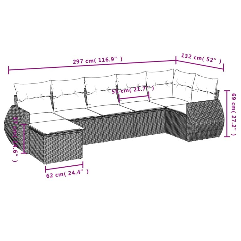 Set canapele de grădină cu perne, 7 piese, negru, poliratan