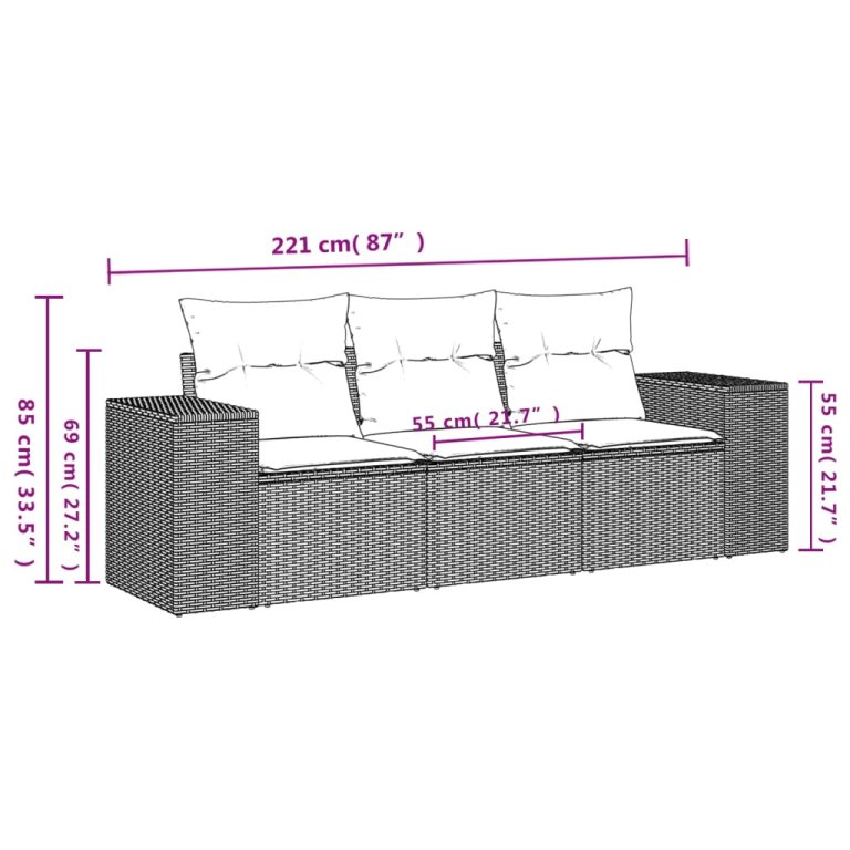 Set mobilier de grădină cu perne, 3 piese, negru, poliratan