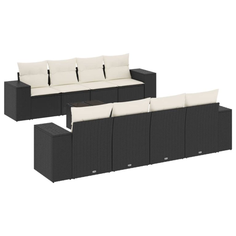 Set mobilier de grădină cu perne, 9 piese, negru, poliratan