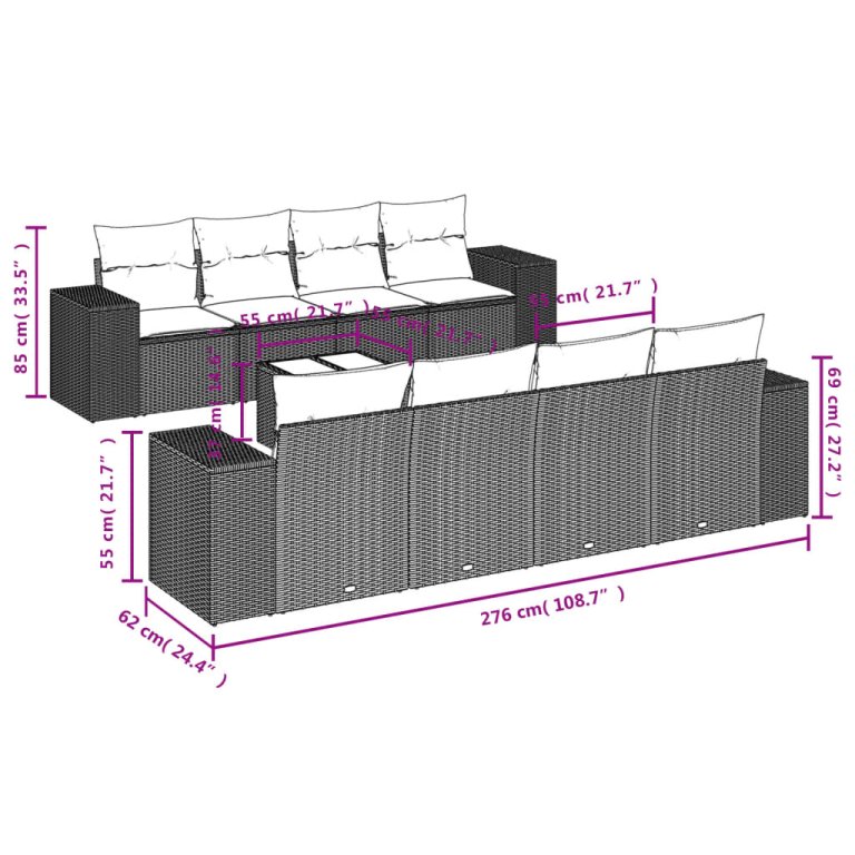 Set mobilier de grădină cu perne, 9 piese, negru, poliratan