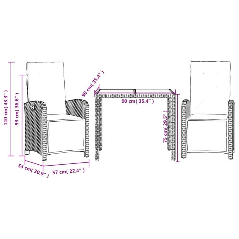 Set bistro de grădină cu perne, 3 piese, gri, poliratan