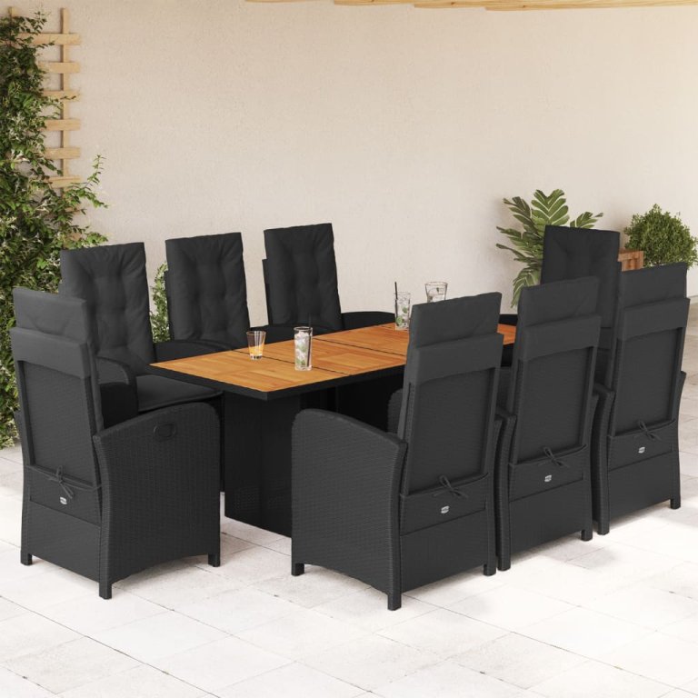 Set mobilier de grădină cu perne, 9 piese, negru, poliratan