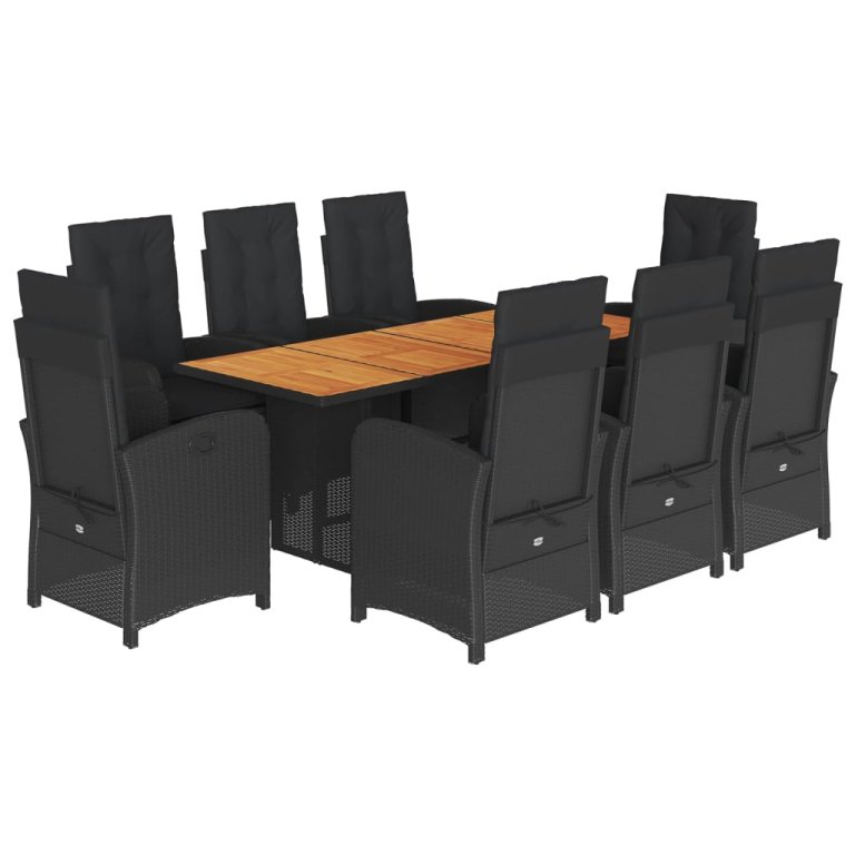 Set mobilier de grădină cu perne, 9 piese, negru, poliratan