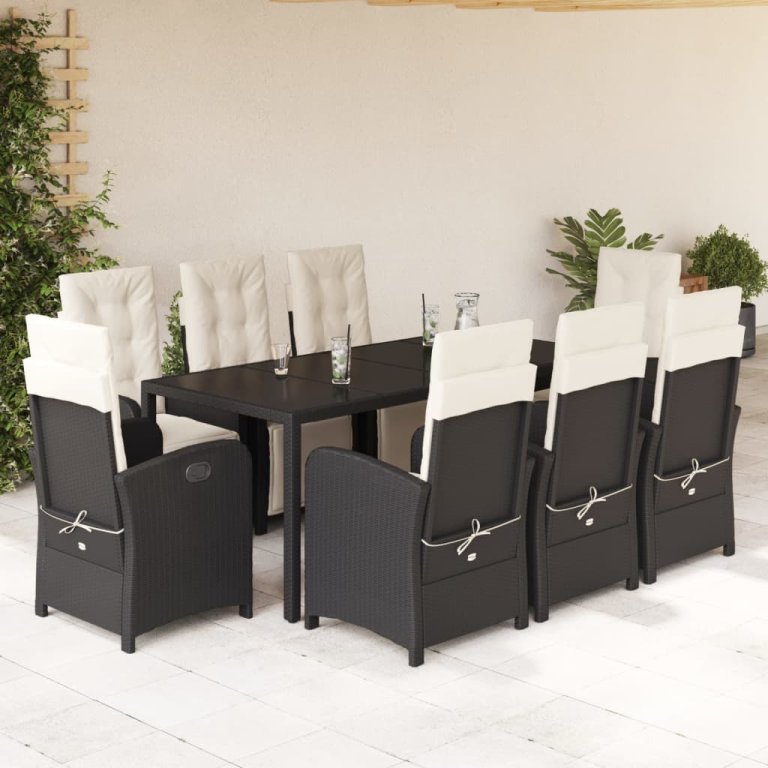 Set mobilier de grădină cu perne, 9 piese, negru, poliratan