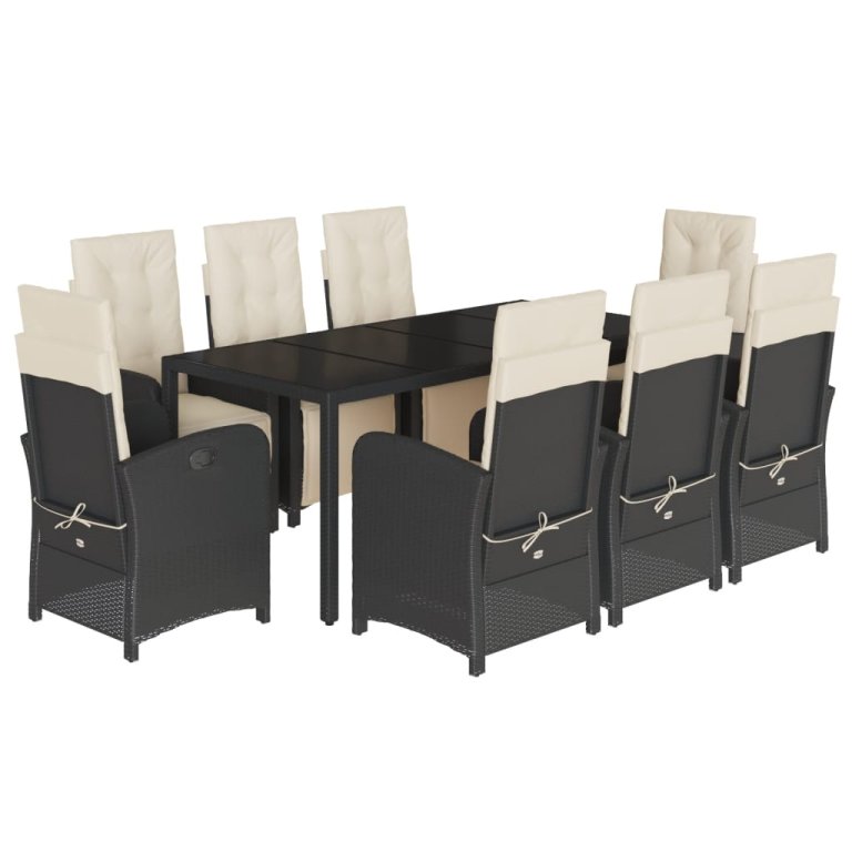 Set mobilier de grădină cu perne, 9 piese, negru, poliratan