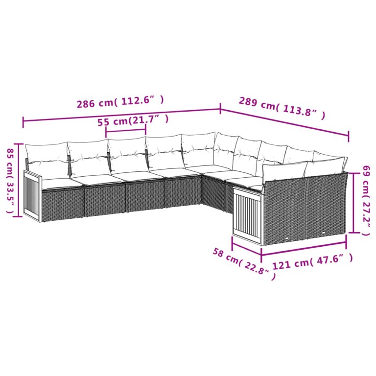 Set canapele de grădină cu perne, 10 piese, negru, poliratan