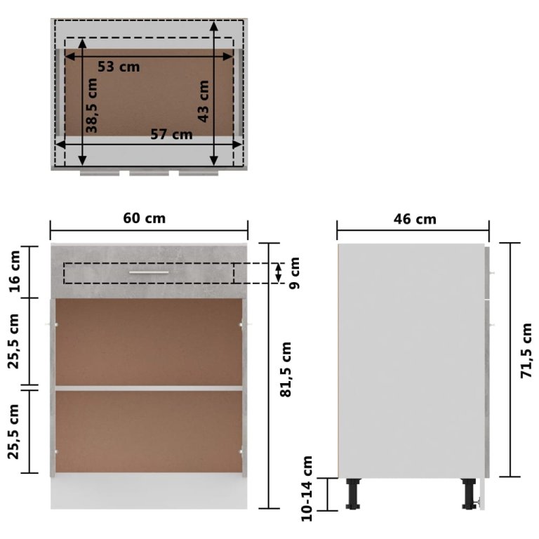 Dulap inferior cu sertar, gri beton 60x46x81,5 cm lemn compozit