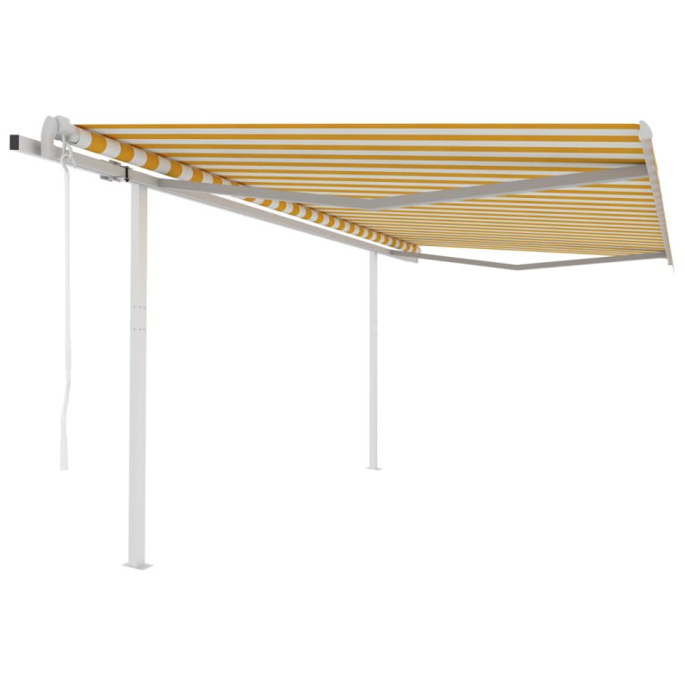 Copertină retractabilă automat, cu stâlpi, galben&alb, 4x3 m