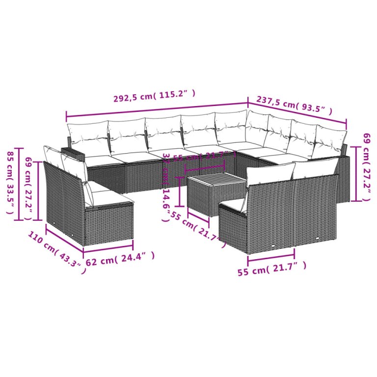 Set mobilier de grădină cu perne, 13 piese, gri, poliratan