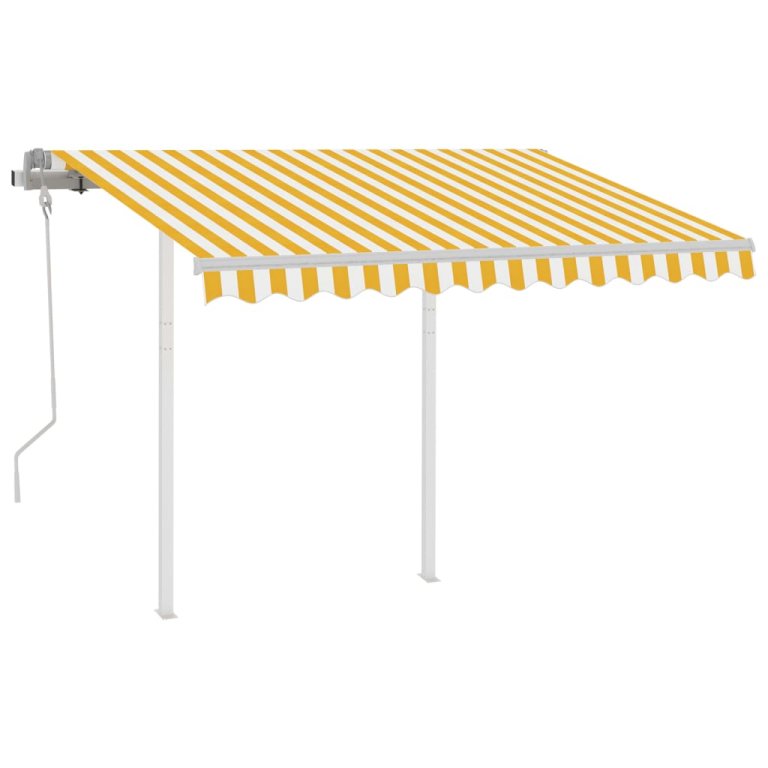 Copertină retractabilă manual cu stâlpi galben/alb 3,5x2,5 m