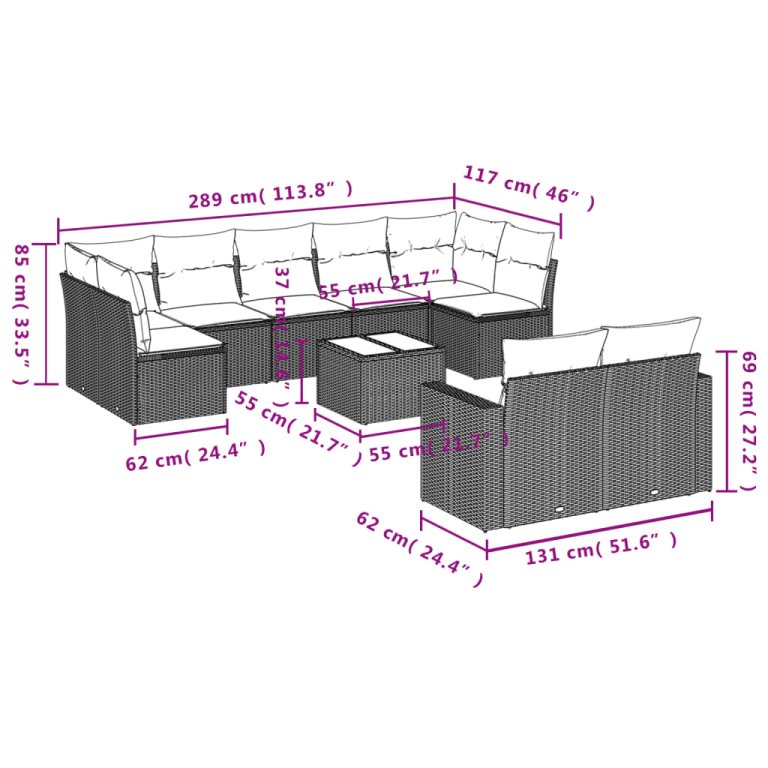 Set mobilier de grădină cu perne, 10 piese, gri, poliratan