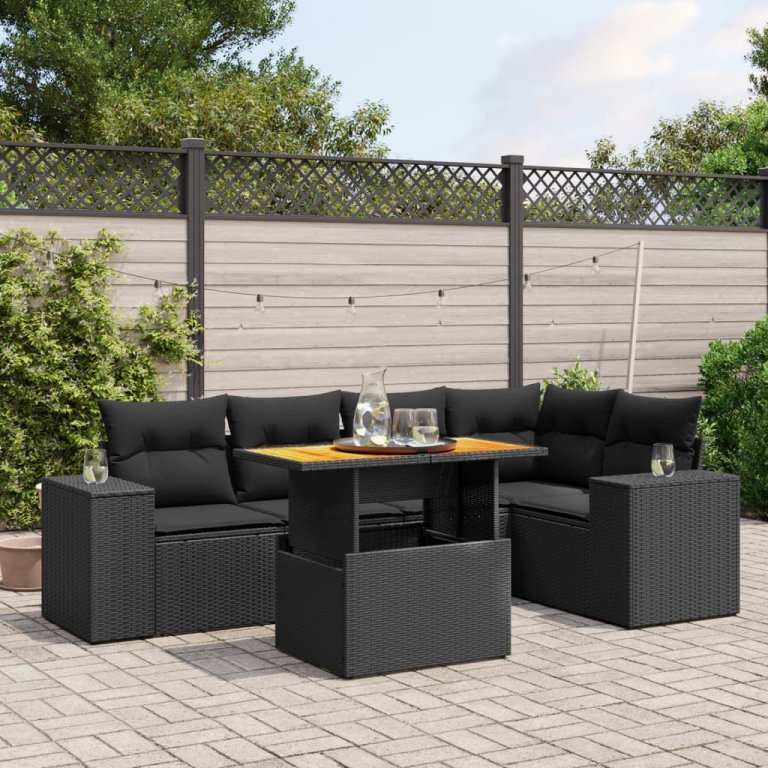 Set mobilier de grădină cu perne, 6 piese, negru, poliratan