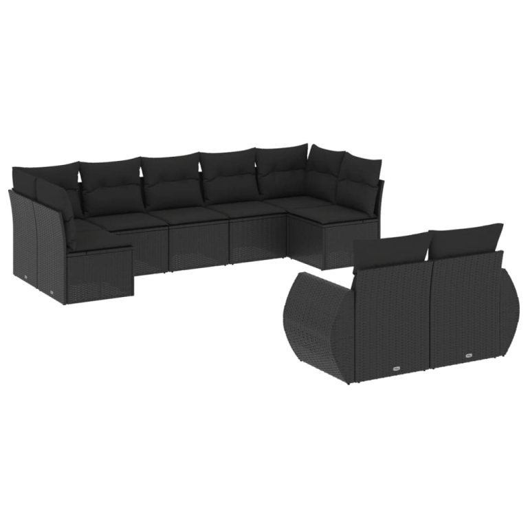 Set mobilier de grădină cu perne, 9 piese, negru, poliratan