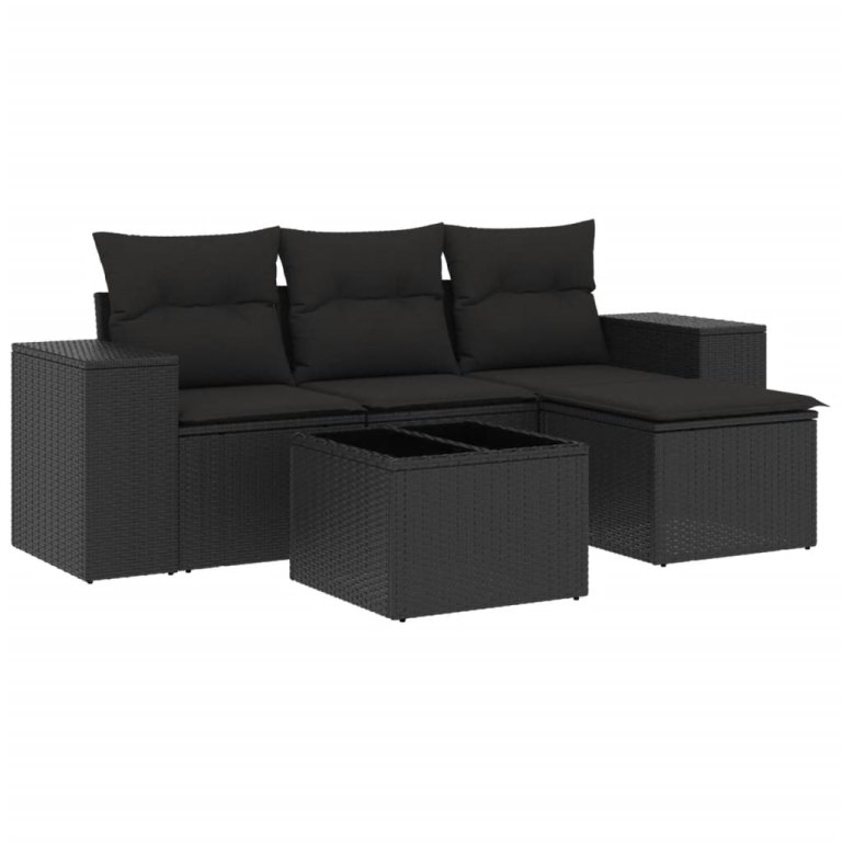 Set mobilier de grădină cu perne, 5 piese, negru, poliratan